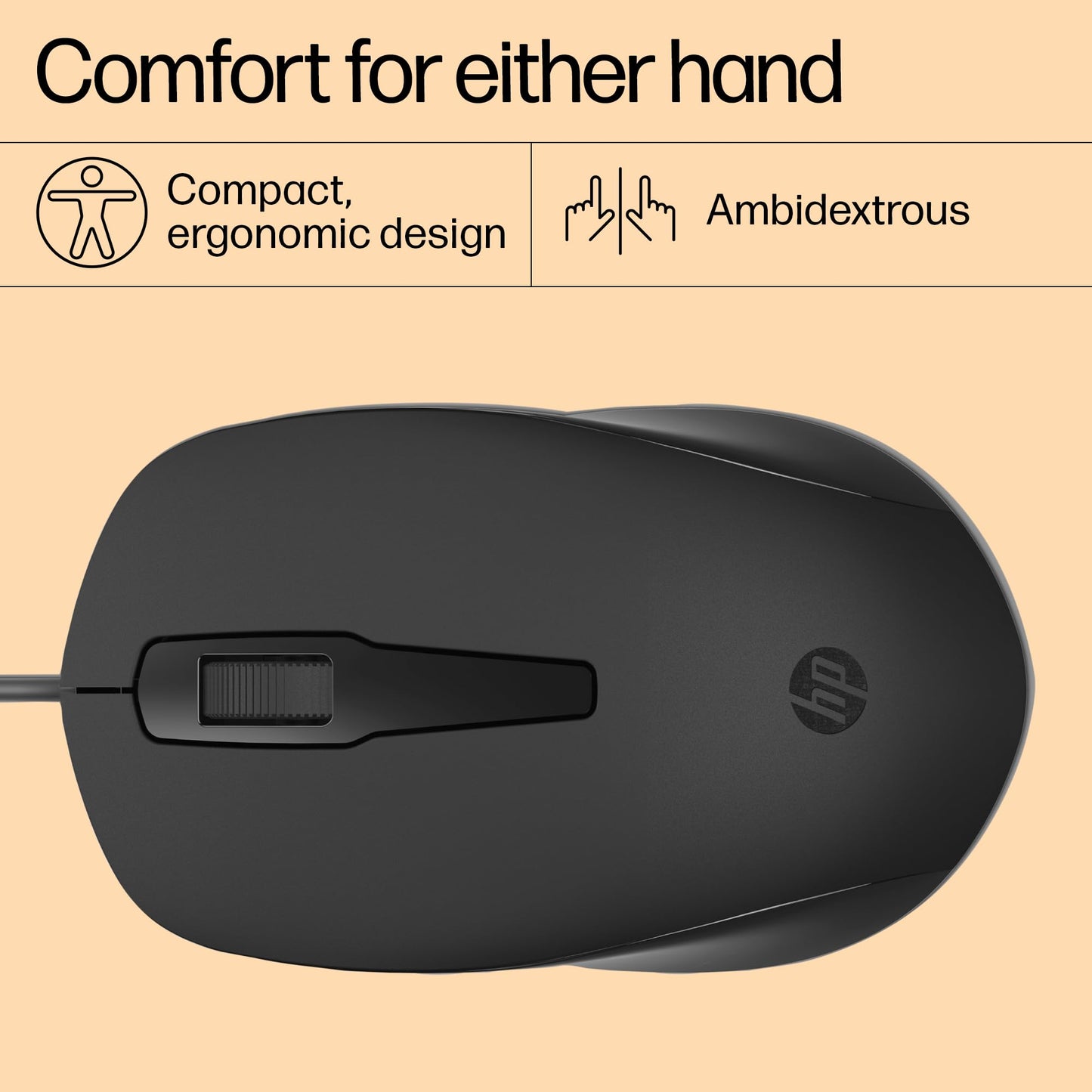 HP 150 Wired Mouse- Elegant Ergonomic Design, 1600 DPI Optical Tracking, USB Plug & Play / 3 Years Warranty (240J6AA), Black