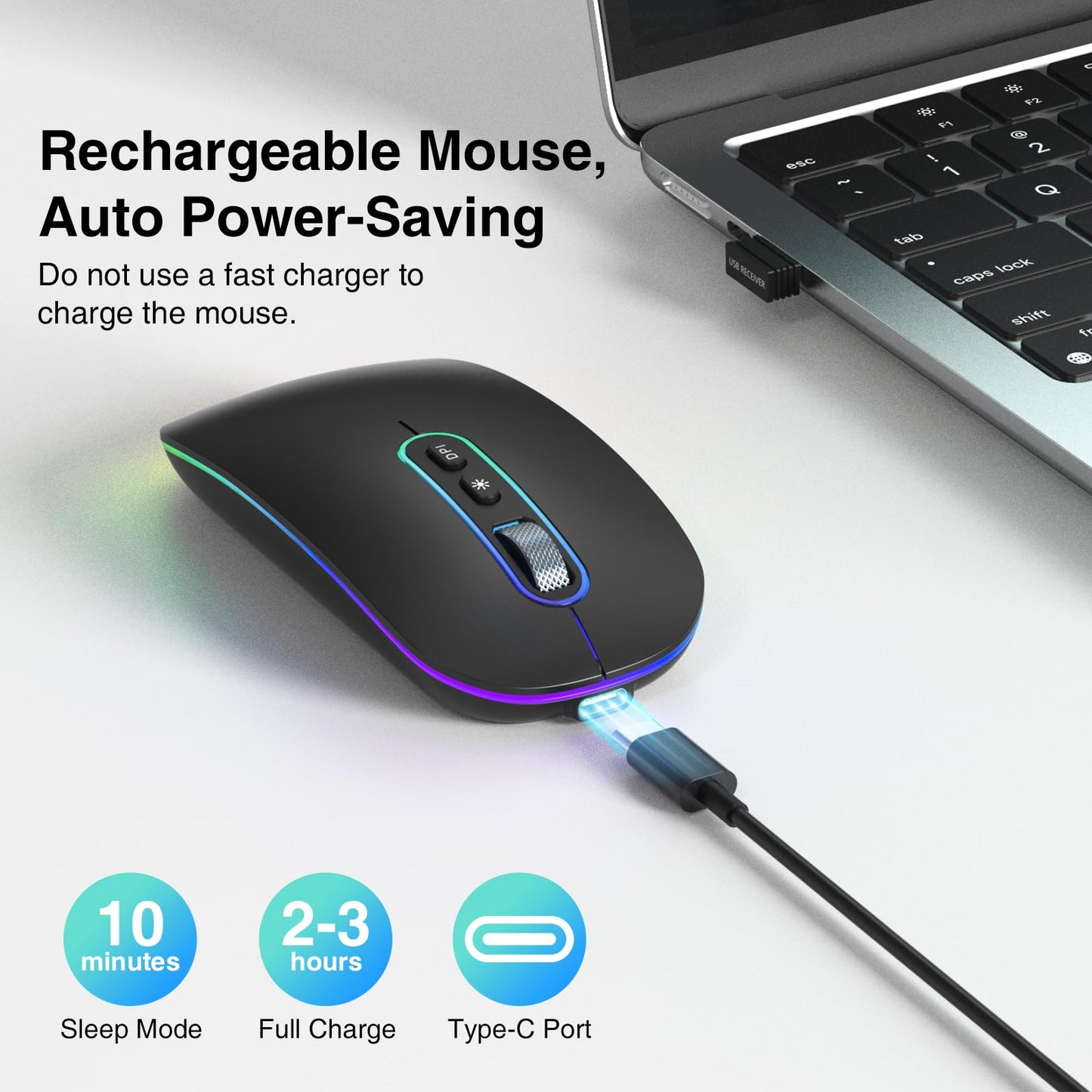 cimetech Dual Mode (BT 5.1+2.4G) Wireless Mouse, Rechargeable Portable Lightweight Mouse for Laptop with LED Lights, Compatible with Laptop/PC/Mac OS/Windows/Chrome OS - Black