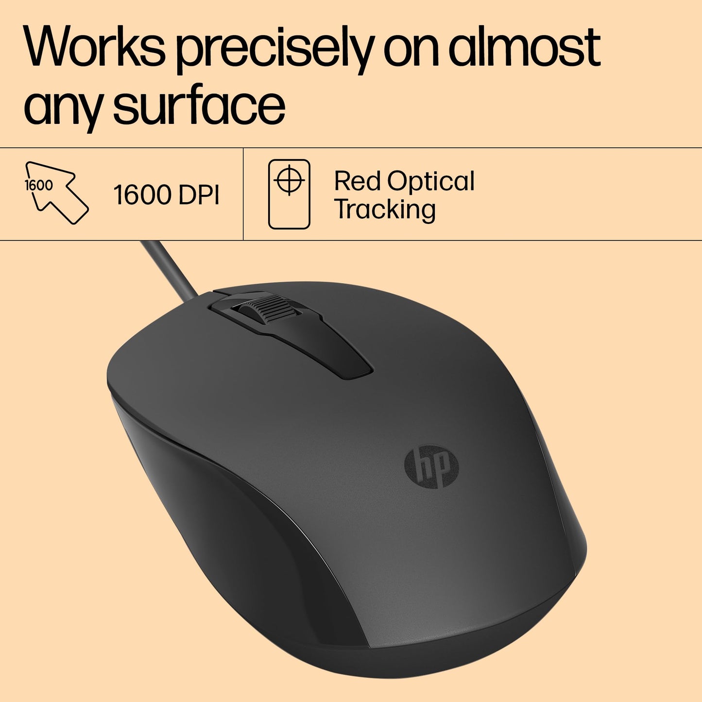 HP 150 Wired Mouse- Elegant Ergonomic Design, 1600 DPI Optical Tracking, USB Plug & Play / 3 Years Warranty (240J6AA), Black