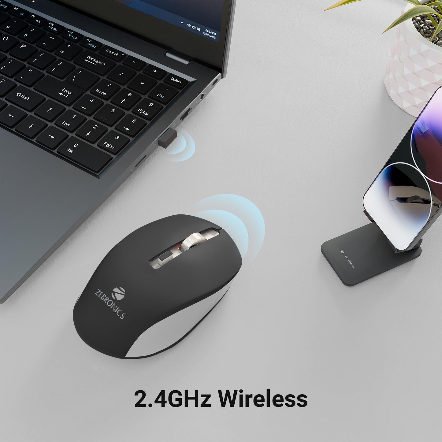 ZEBRONICS Zeb-Jaguar Wireless Mouse, 2.4GHz with USB Nano Receiver, High Precision Optical Tracking, 4 Buttons, Plug & Play, Ambidextrous, for PC/Mac/Laptop (Black+Grey)