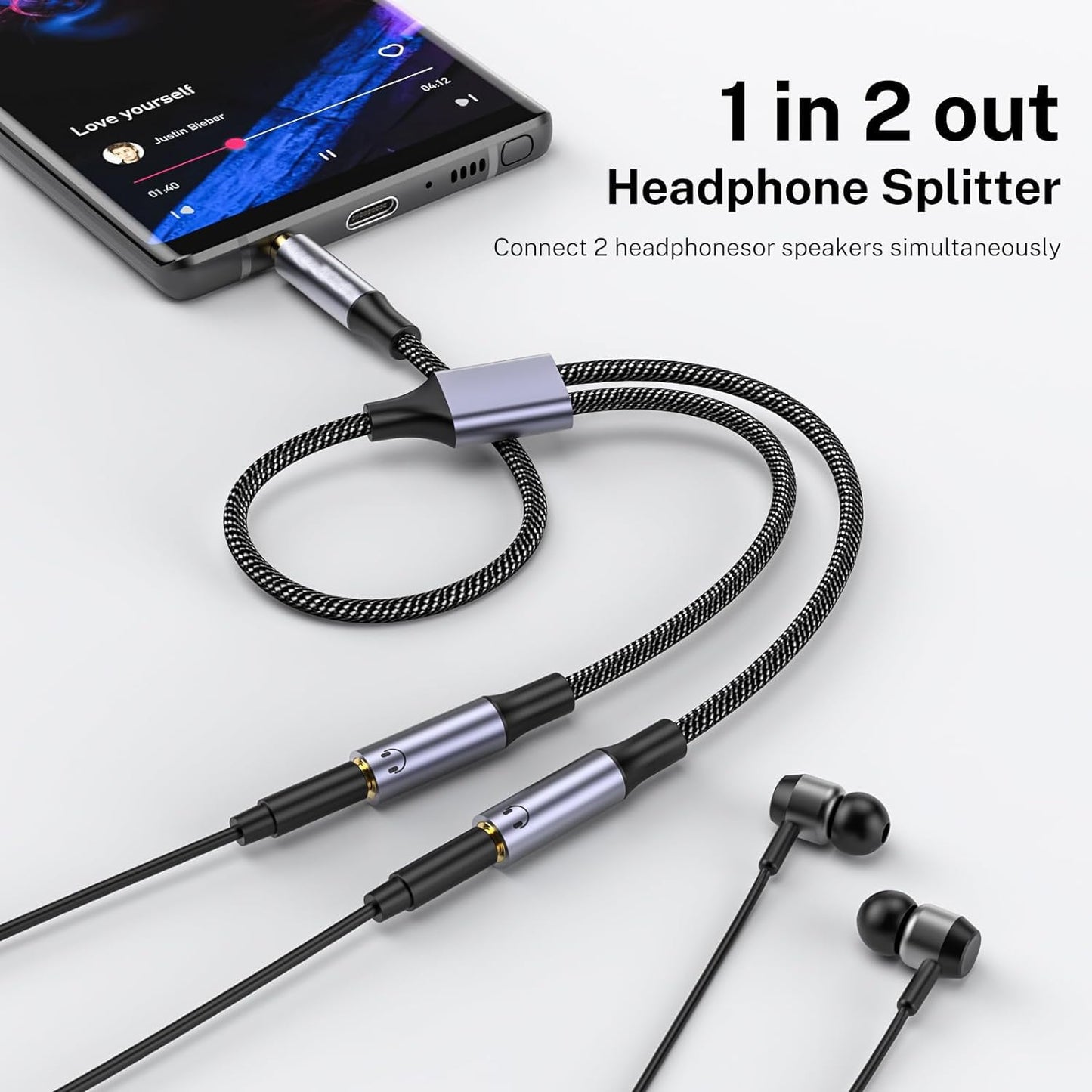 Mizi Headphone Splitter 3.5mm Stereo to Dual 3.5mm Female Headphone Jack Audio Stereo, Extension Cable Audio Stereo Y Splitter Compatible with iPhone Samsung iPad Tablet Laptop - Grey