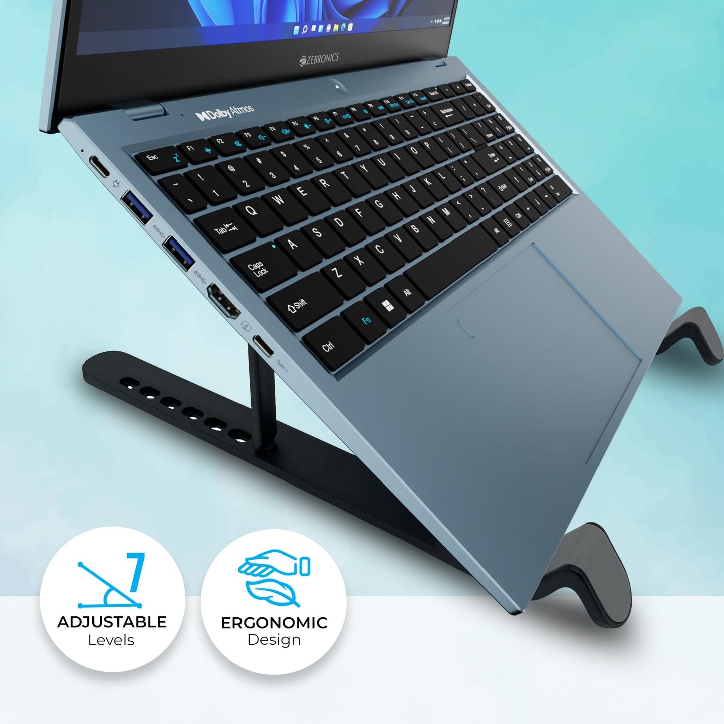 Zebronics-NS1500 Laptop Stand Featuring Foldable Design, Anti-Slip Silicone Rubber Pads, Supports Maximum of 5kgs Weight Tabletop