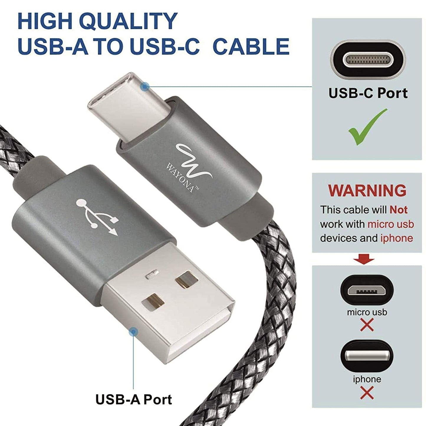 Wayona USB Type C 6FT 2Meter Charger Cable Fast Charging USB C Cable Compatible for Samsung Galaxy S10e S20 S9 S8 Plus S10+, Note 10 Note 9 Note 8,S20,M31s,M40 (6 FT Pack of 1, Grey)