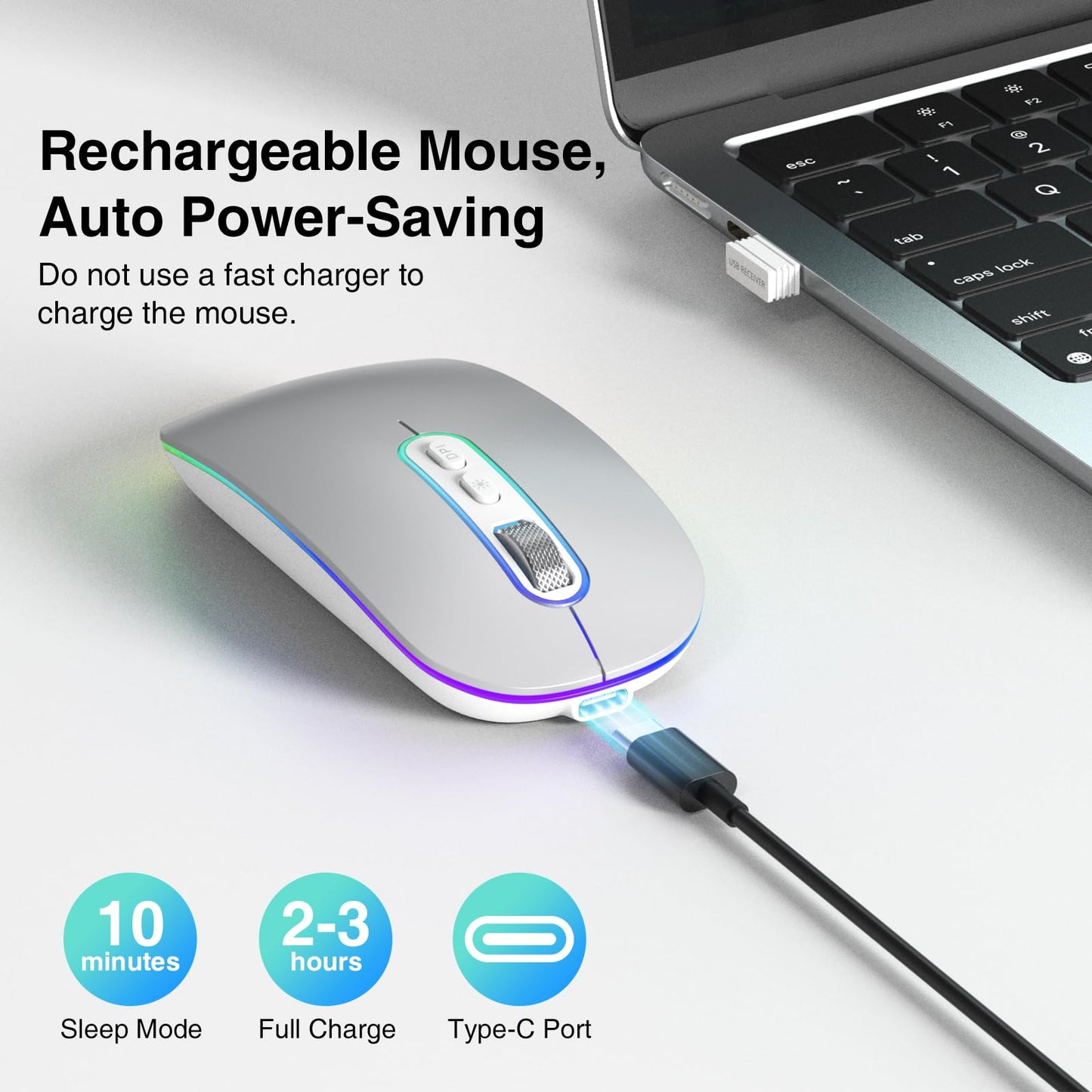 cimetech Dual Mode (BT 5.1+2.4G) Wireless Mouse, Rechargeable Portable Lightweight Mouse for Laptop with LED Lights, Compatible with Laptop/PC/Mac OS/Windows/Chrome OS - Silver