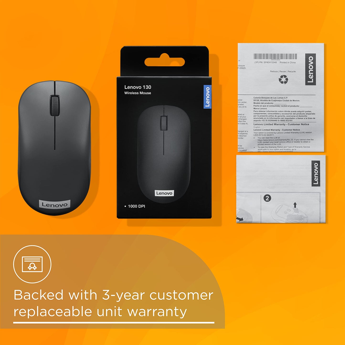 Lenovo 130 Wireless Compact Mouse, 1K DPI Optical sensor, 2.4GHz Wireless NanoUSB, 10m range, 3button(left,right,scroll) upto 3M left/right clicks, 10 month battery, Ambidextrous, Ergonomic GY51C12380