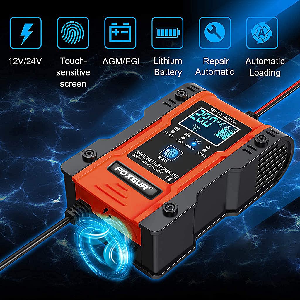 Verilux® Car Battery Charger, 6A 12V / 3A 24V Intelligent Automatic Charger, 7-Segment Charging 12V/24V Battery Charger, Repair, Test, Suitable for Automotive, Motorcycles