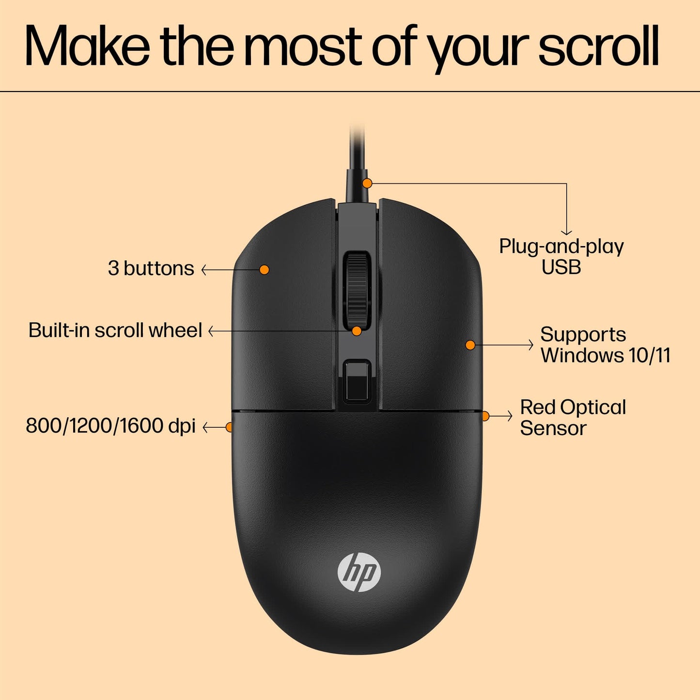 HP X1000 Wired USB Mouse with 3 Handy Buttons, Fast-Moving Scroll Wheel and Optical Sensor works on most Surfaces, 3 years warranty