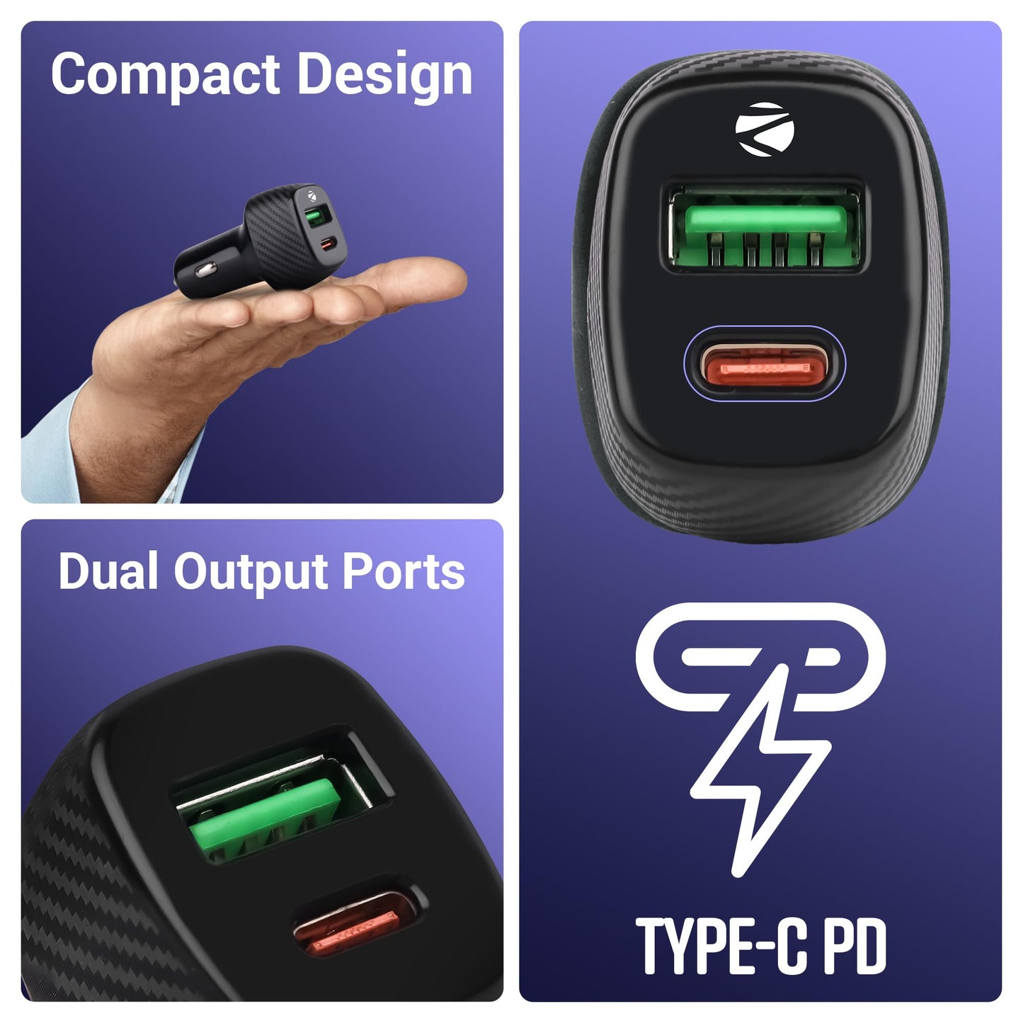 ZEBRONICS CC48 Car Charger with 48 Watts Rapid Charge, Dual Output Ports (USB + Type C PD), Compact Design, Built in Protections, LED Indicator