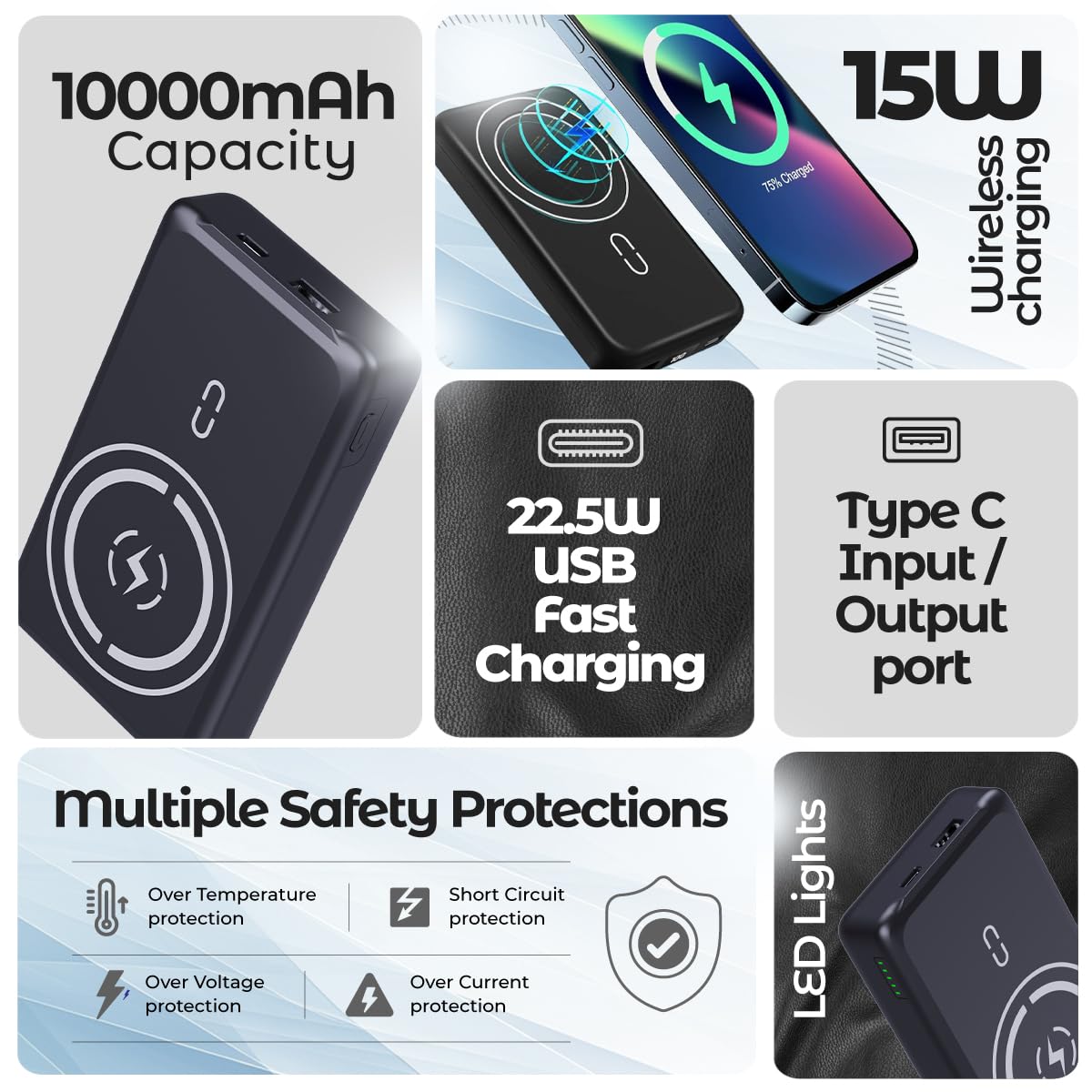 pTron Dynamo Arc 10000mAh 22.5W USB Fast Charging Nano Magnetic Power Bank, 15W Magnetic Wireless Charging, 20W PD/Type C Fast Charging, 3 Outputs/1 Input & Multiple Layers of Protection (Black)