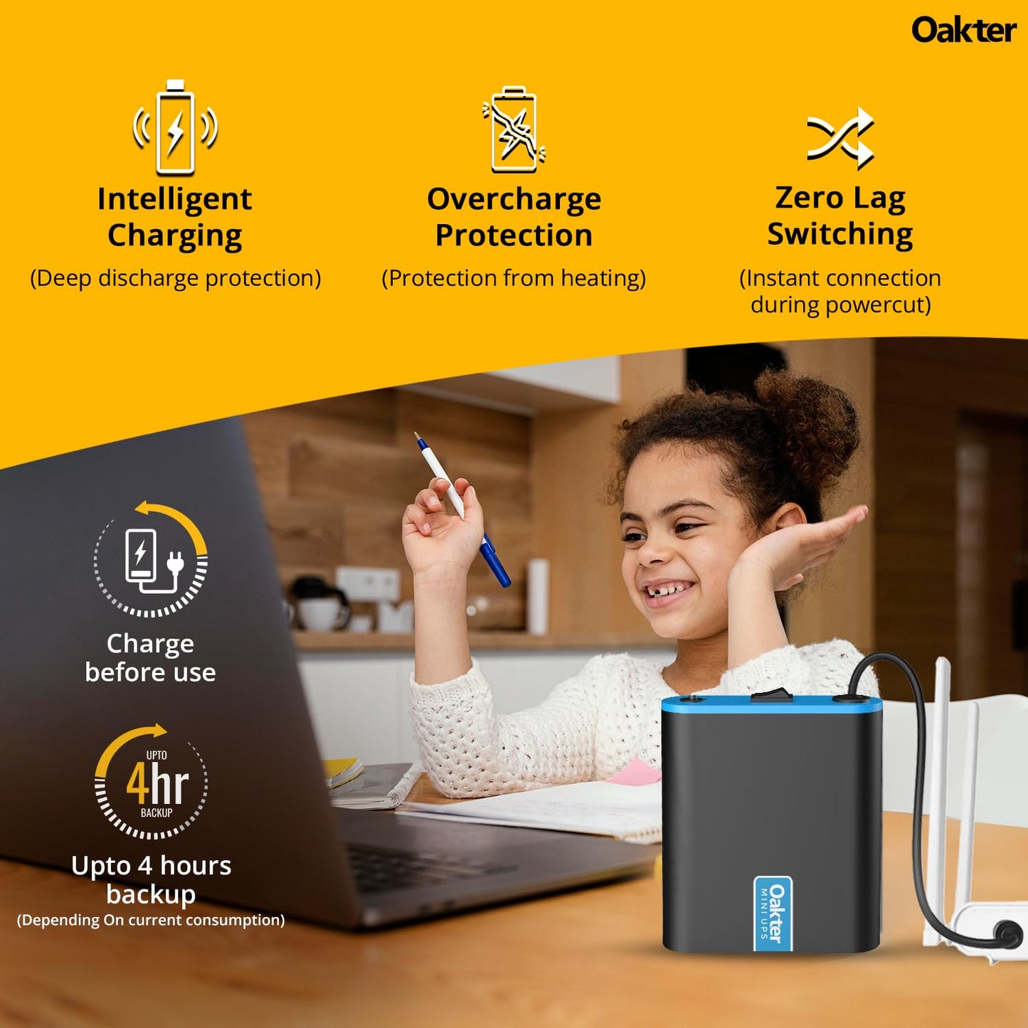 Oakter Mini UPS for 12V WiFi Router Broadband Modem | Backup Upto 4 Hours | WiFi Router UPS Power Backup During Power Cuts | UPS Broadband Modem | Current Surge & Deep Discharge Protection