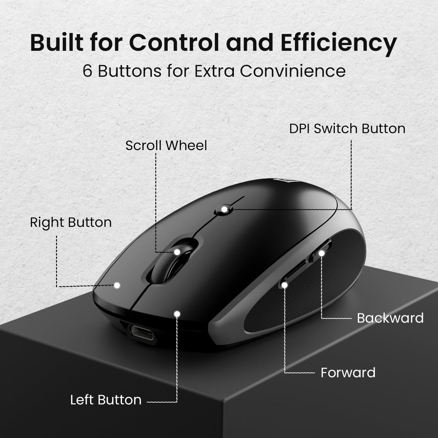 Portronics Toad III Wireless Mouse with Bluetooth & 2.4 GHz Dual Connectivity, Rechargeable, 6 Buttons, Adjustable DPI, Silicon Grip & Ergonomic Design for PC, Laptop, Mac (Black)