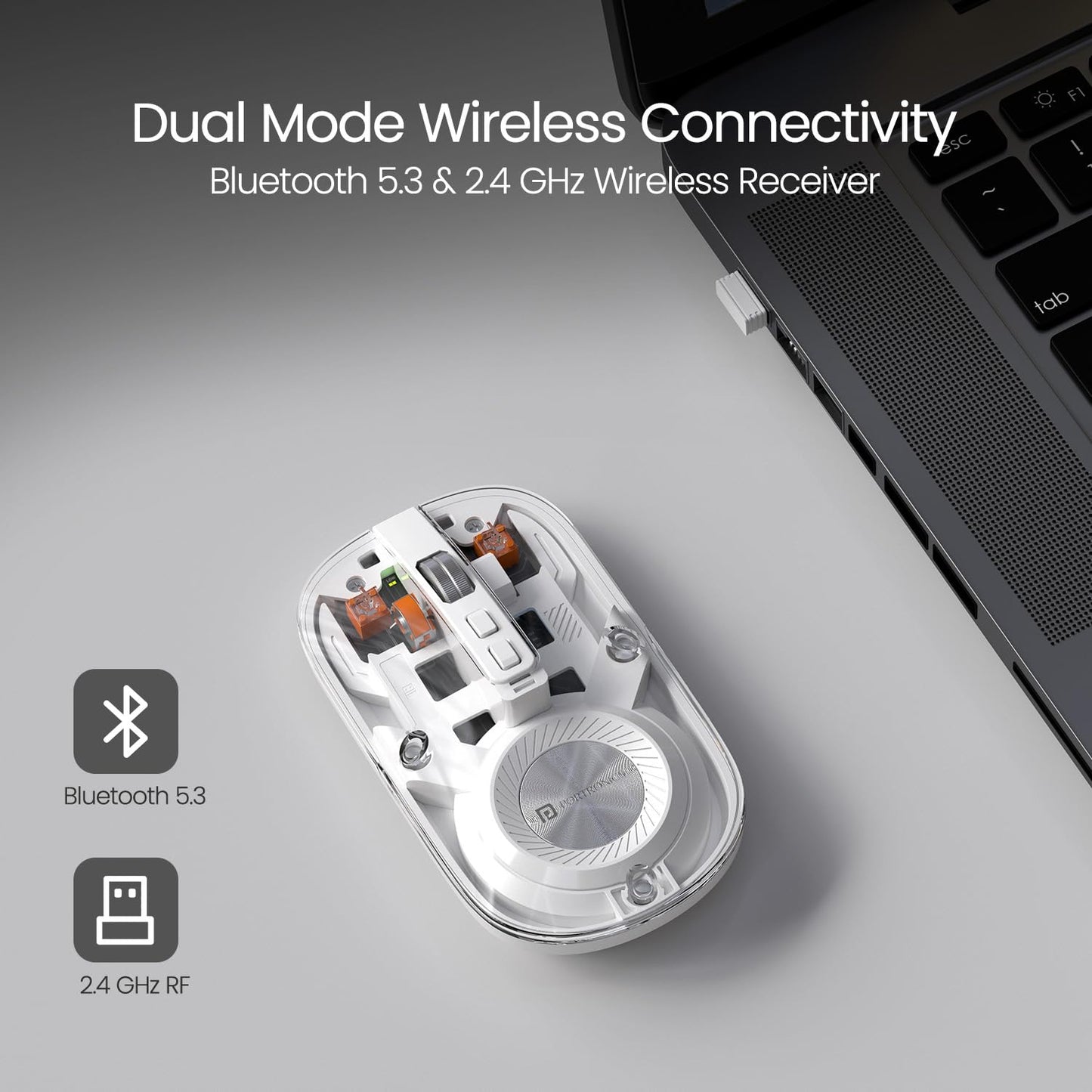 Portronics Toad 8 Transparent Wireless Bluetooth Mouse with Dual Wireless (BT + 2.4 GHz), Rechargeable Battery, Noise-Free Clicking, Show/Hide Desktop, Multi-Device Pair, Adjust Sensitivity (White)