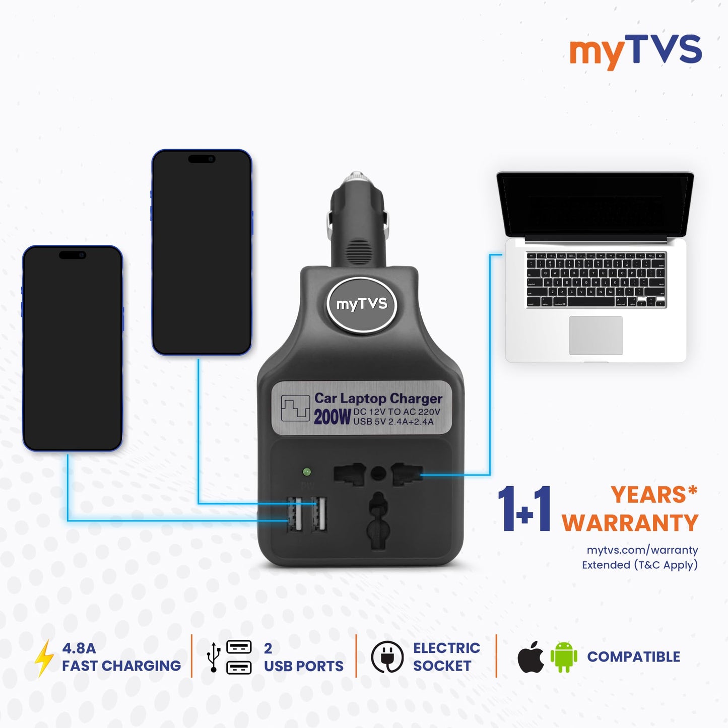 myTVS 200W Car Laptop and Mobile Charger | Power Inverter AC to DC Converter| Portable Car Charger with 1+1 Years Warranty| 3 in 1 Charger | Fast Charging- Black | TLC-28