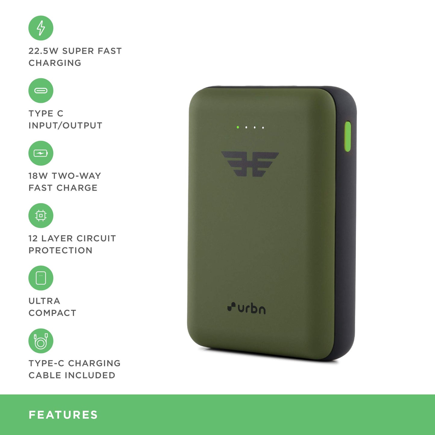 URBN 10000 mAh Ultra Compact 22.5W Super Fast Charging Pocket Power Bank with Quick Charge & Power Delivery, Type C Input/Output, Made in India, Type C Cable Included (Camo)