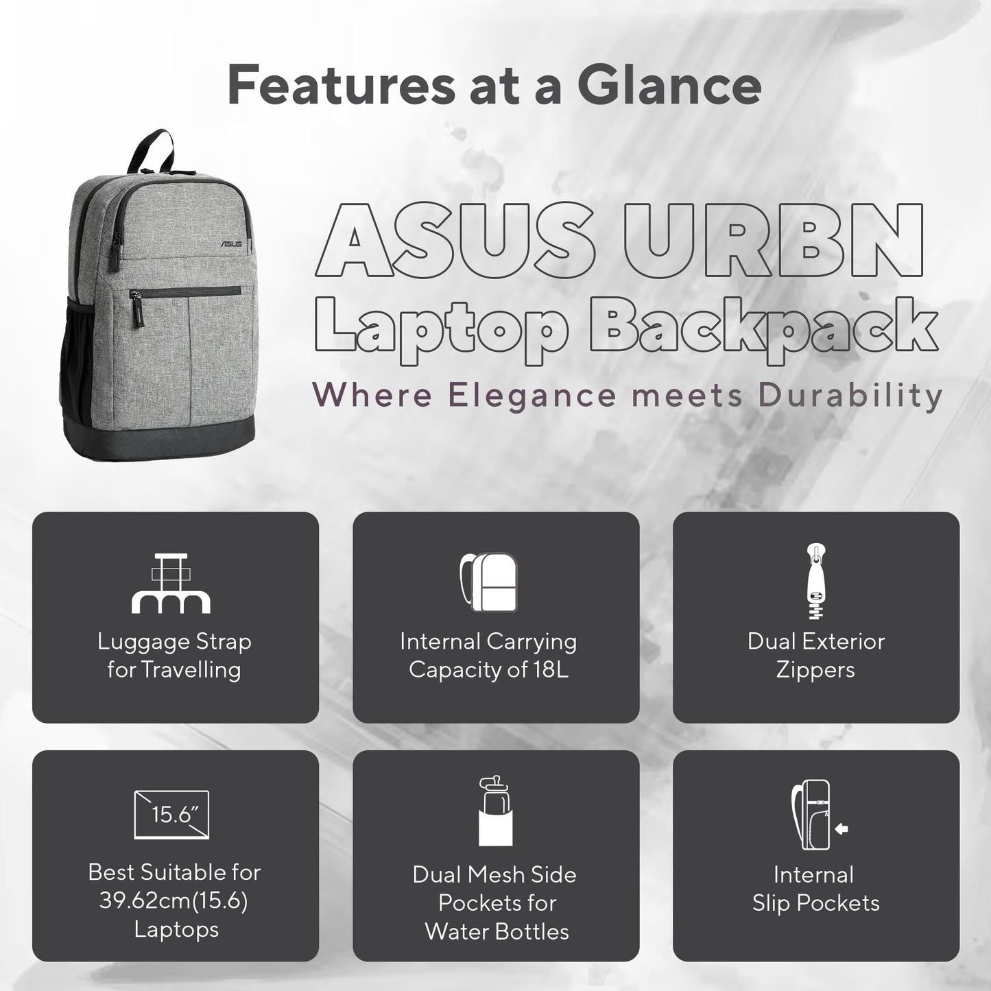 ASUS AP1601 Laptop Bag, 18L Storage capcity Backpack, Suitable for 16-inch Laptop (Grey)