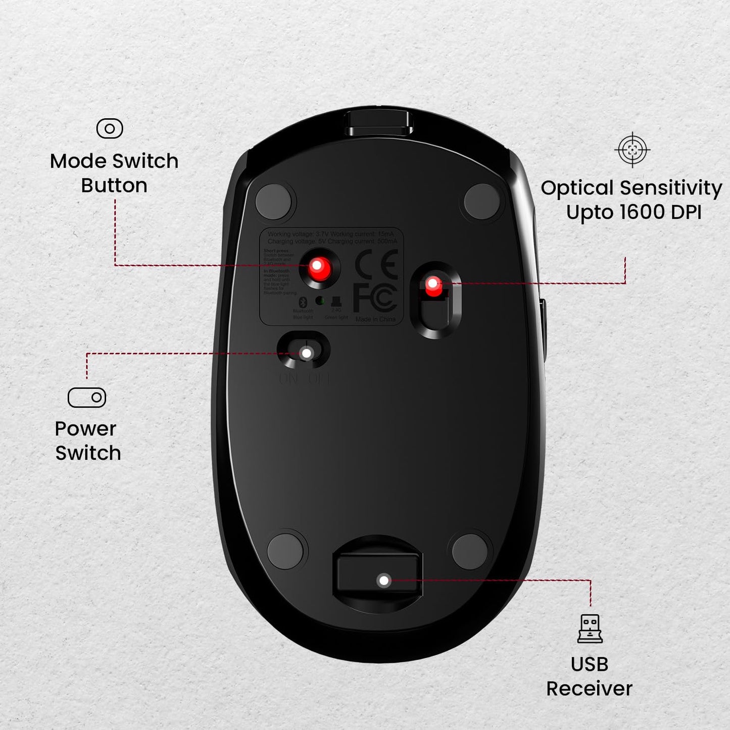 Portronics Toad III Wireless Mouse with Bluetooth & 2.4 GHz Dual Connectivity, Rechargeable, 6 Buttons, Adjustable DPI, Silicon Grip & Ergonomic Design for PC, Laptop, Mac (Black)