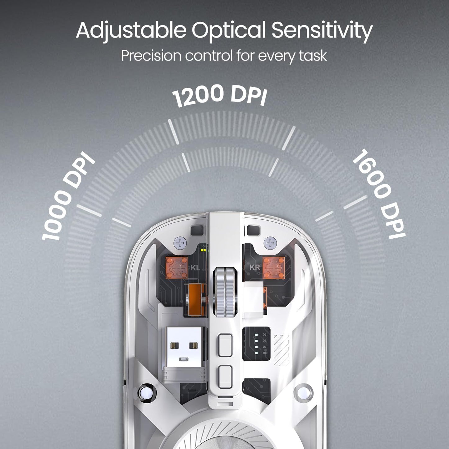 Portronics Toad 8 Transparent Wireless Bluetooth Mouse with Dual Wireless (BT + 2.4 GHz), Rechargeable Battery, Noise-Free Clicking, Show/Hide Desktop, Multi-Device Pair, Adjust Sensitivity (White)