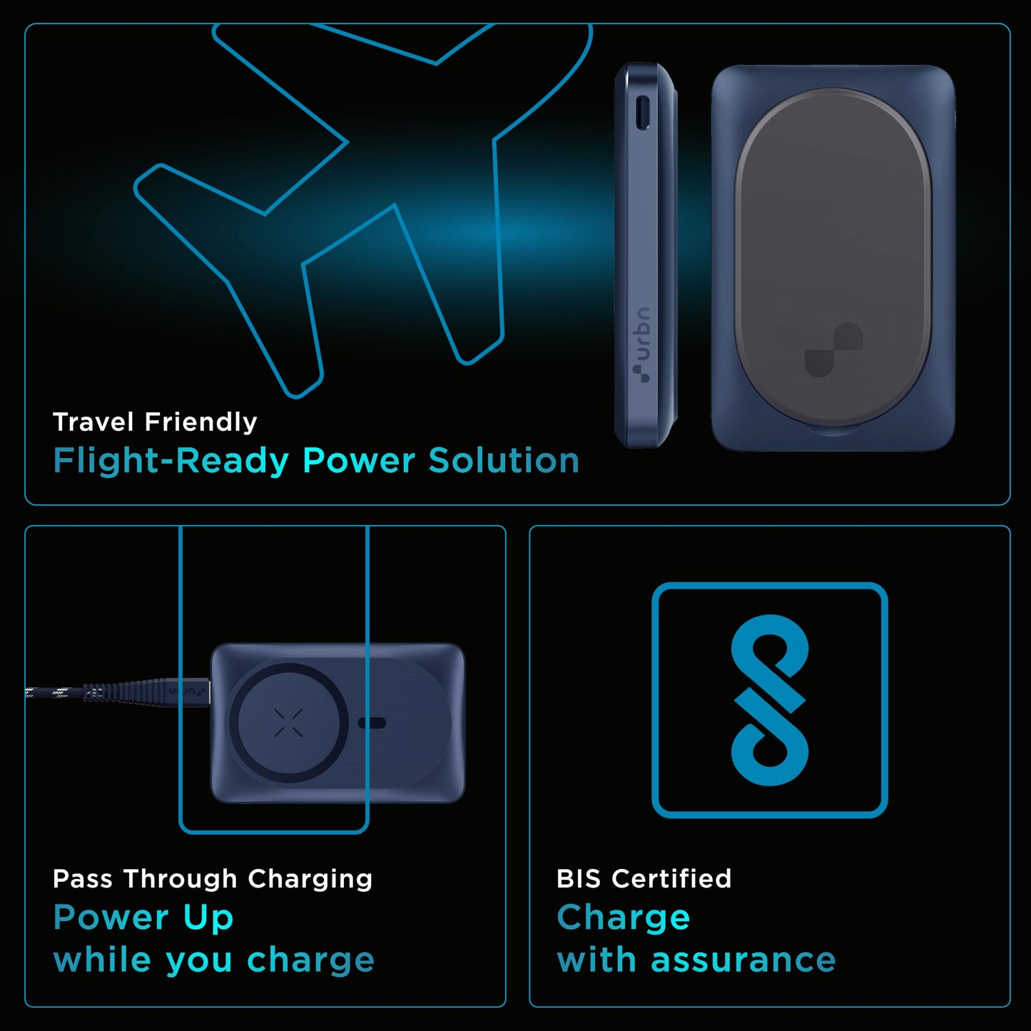 URBN 10000mAh Sleek MagSafe Power Bank with Kickstand | 15W Fast Wireless & 20W Wired Charging | Strong Magnetic Hold | Dual Input (Type-C & Lightning) | Triple Output | Pass-Through Charging (Blue)