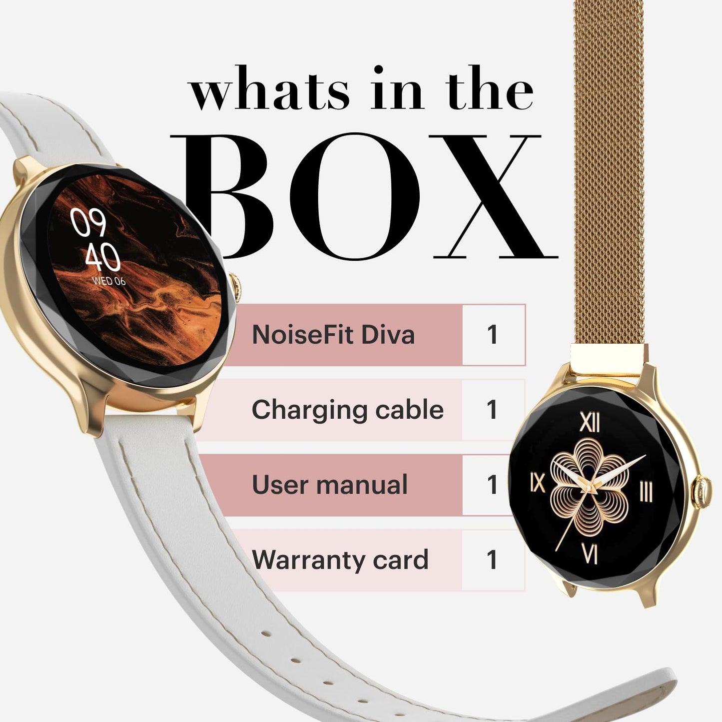 Noise Diva Smartwatch with Diamond Cut dial, Glossy Metallic Finish, AMOLED Display, Mesh Metal and Leather Strap Options, 100+ Watch Faces, Female Cycle Tracker Smart Watch for Women (Gold Link)