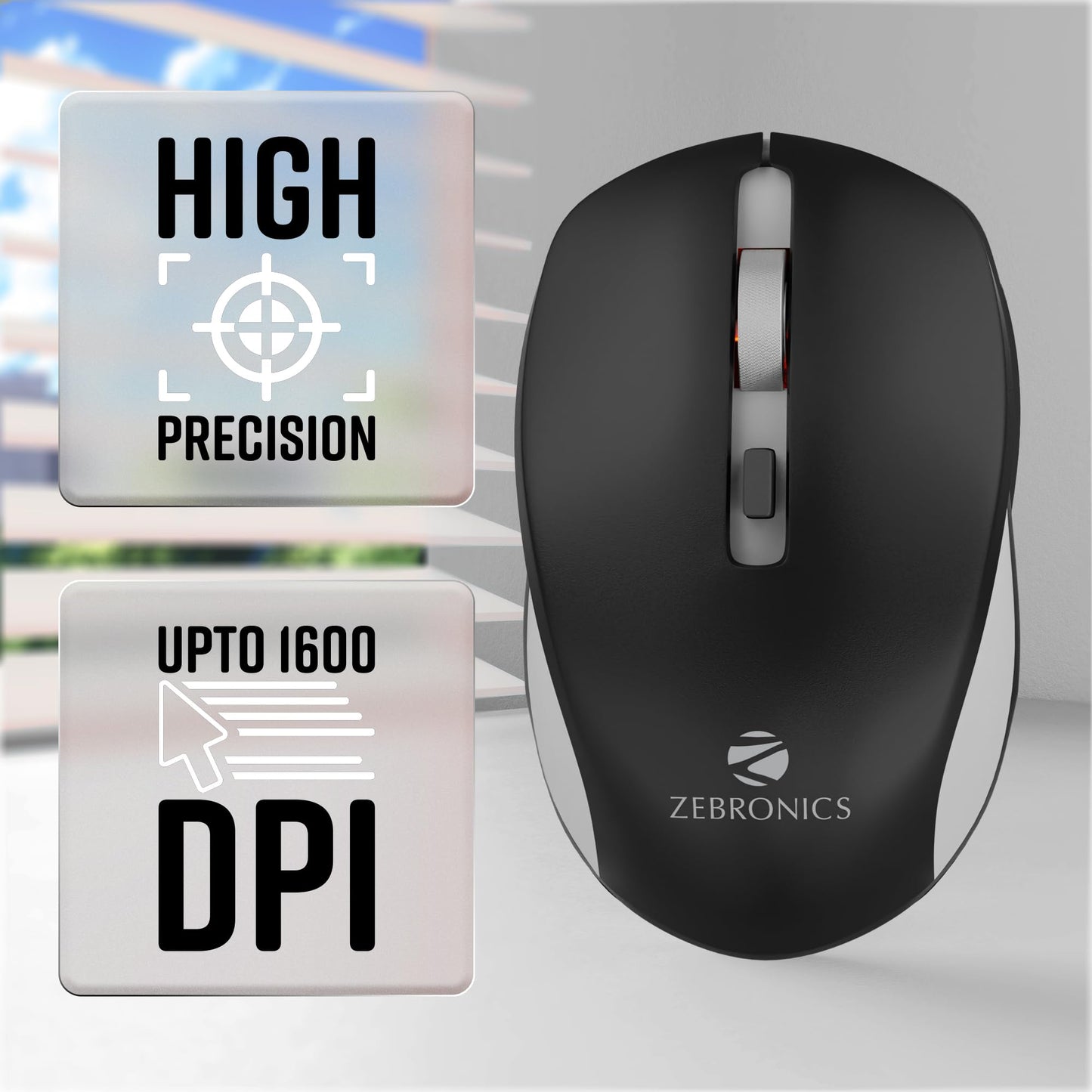 ZEBRONICS Zeb-Jaguar Wireless Mouse, 2.4GHz with USB Nano Receiver, High Precision Optical Tracking, 4 Buttons, Plug & Play, Ambidextrous, for PC/Mac/Laptop (Black+Grey)