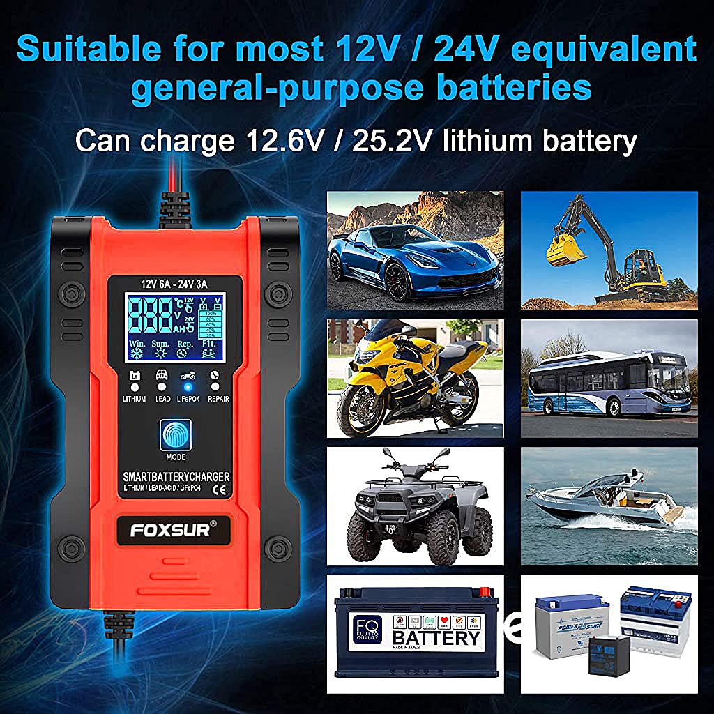 Verilux® Car Battery Charger, 6A 12V / 3A 24V Intelligent Automatic Charger, 7-Segment Charging 12V/24V Battery Charger, Repair, Test, Suitable for Automotive, Motorcycles