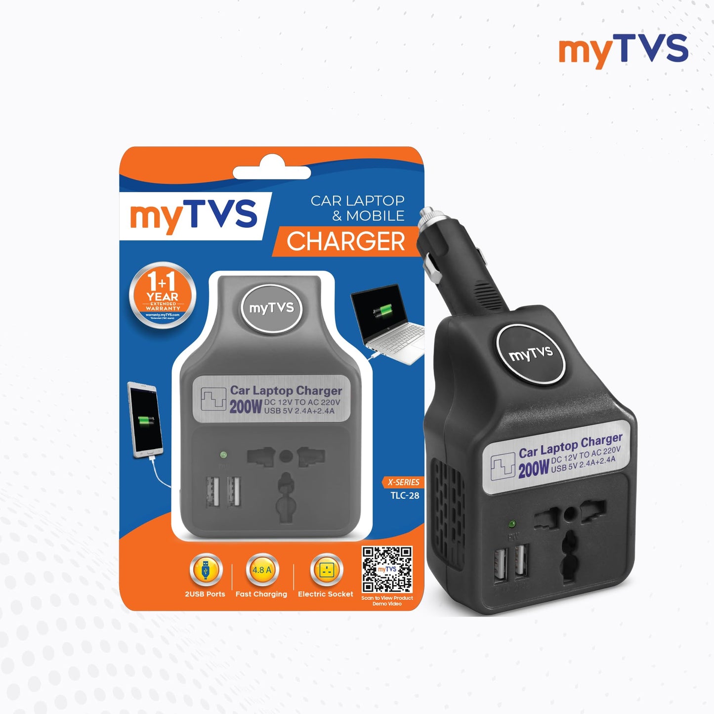 myTVS 200W Car Laptop and Mobile Charger | Power Inverter AC to DC Converter| Portable Car Charger with 1+1 Years Warranty| 3 in 1 Charger | Fast Charging- Black | TLC-28