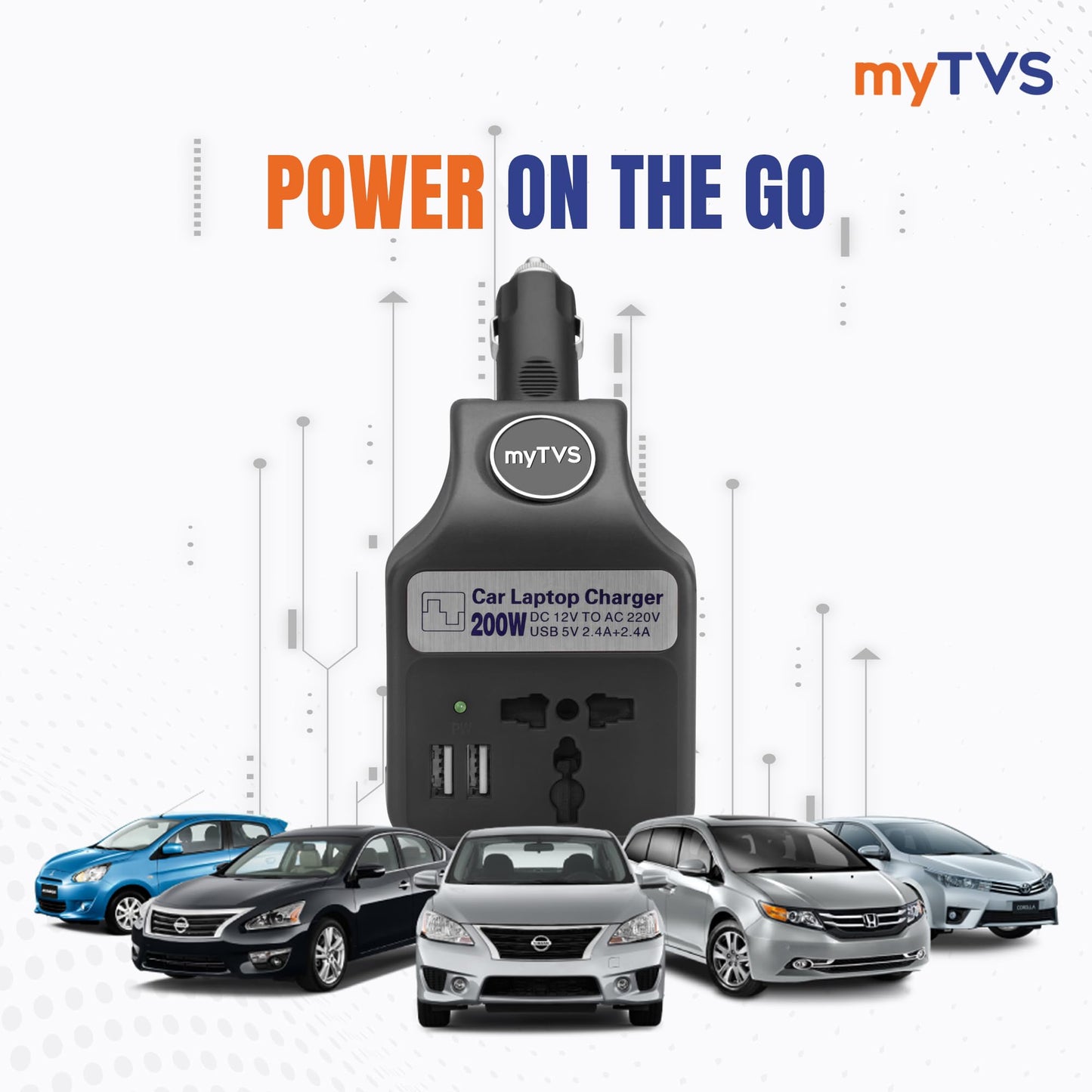 myTVS 200W Car Laptop and Mobile Charger | Power Inverter AC to DC Converter| Portable Car Charger with 1+1 Years Warranty| 3 in 1 Charger | Fast Charging- Black | TLC-28