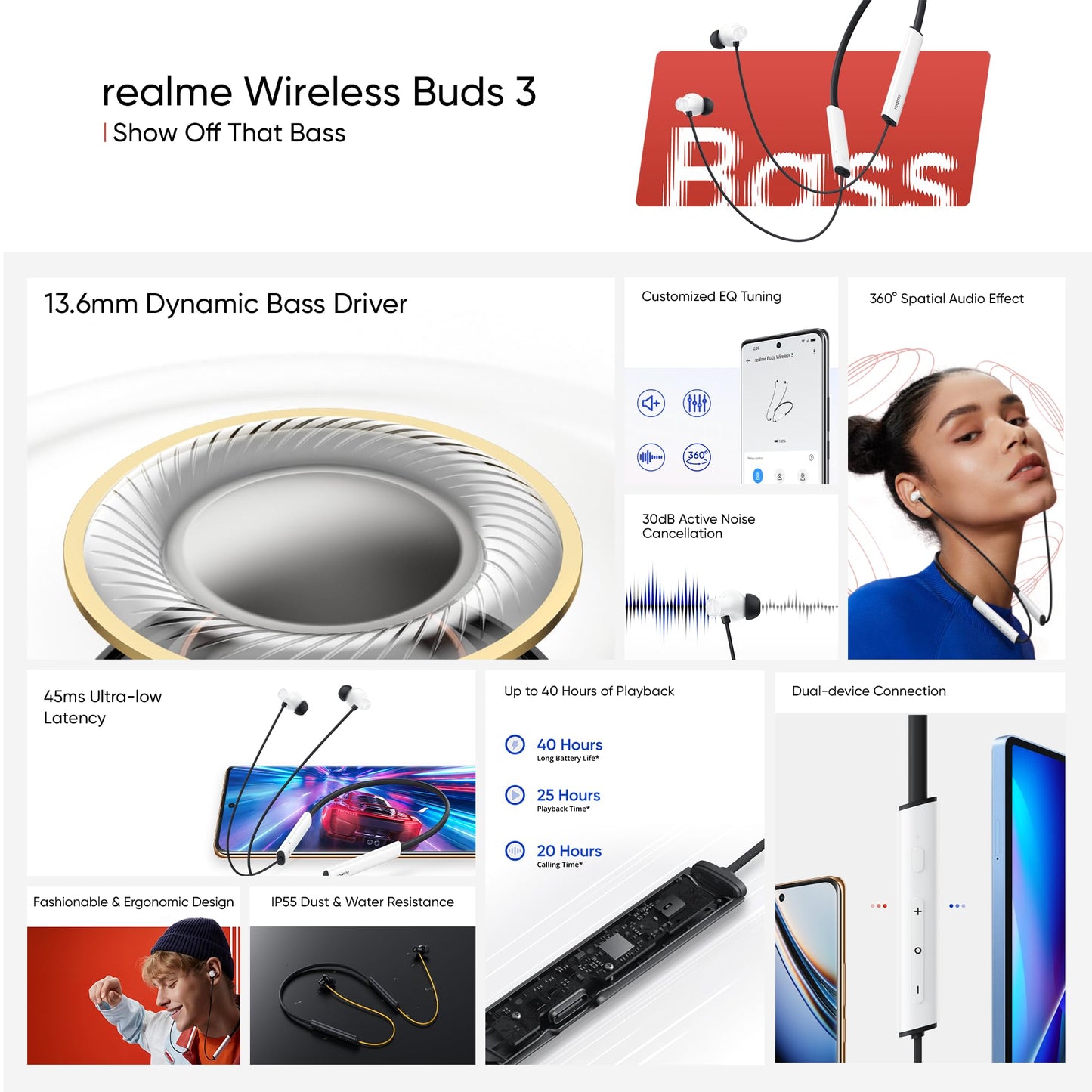 Realme Buds Wireless 3 in-Ear Bluetooth Headphones,30dB ANC,Spatial Audio,13.6mm Dynamic Bass Driver,Upto 40 HrsPlayback,Fast Charging,45ms Low Latency for Gaming,Dual Device Connection-Vitality White