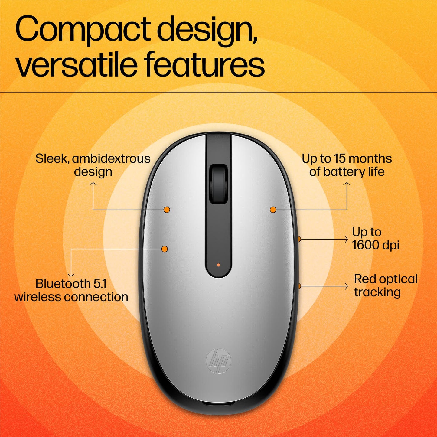 HP 240 Bluetooth Mouse/Ambidextrous; Compact Size; Portable Mouse/Red Optical Tracking/1600 dpi/3 Years Warranty/Pike Silver (43N04AA)