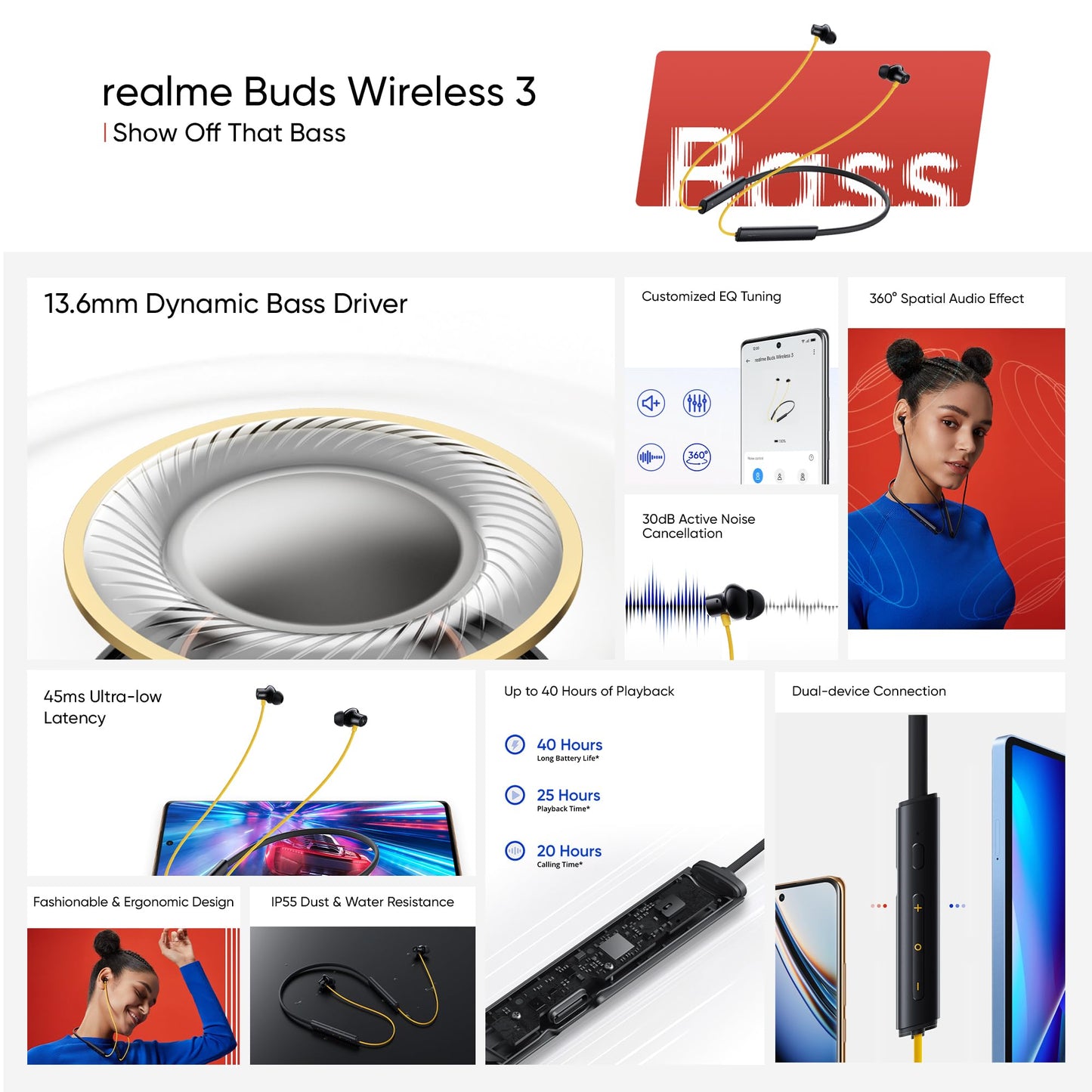 realme Buds Wireless 3 in-Ear Bluetooth Headphones,30dB ANC, Spatial Audio,13.6mm Dynamic Bass Driver,Upto 40 Hours Playback, Fast Charging, 45ms Low Latency for Gaming,Dual Device Connection (Yellow)